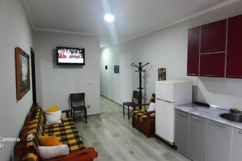 a living room with a couch and a kitchen at Pine Apartment 2 plus 1 in Golem