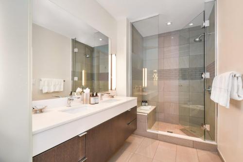 a bathroom with a sink and a shower at Lift Park City Condominiums in Park City