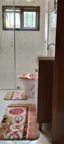 ein Bad mit einer Dusche, einem WC und einem Waschbecken in der Unterkunft Hostel de Gaia in Santa Cruz do Sul