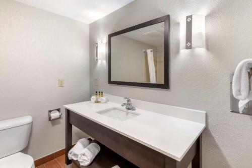 a bathroom with a sink and a toilet and a mirror at Best Western Plus Fairburn Atlanta Southwest in Fairburn