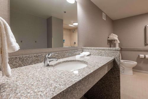 a bathroom with a sink and a toilet and a mirror at Pear Tree Inn St. Louis Near Union Station in Saint Louis