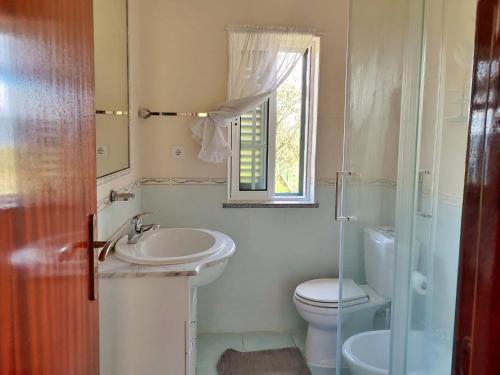 une salle de bain avec un lavabo et des toilettes et une fenêtre dans l'établissement Ecorustics stay - Casa Ester, à Ester