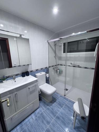 uma casa de banho com um chuveiro, um WC e um lavatório. em Mi pisito en el Temple em La Coruña