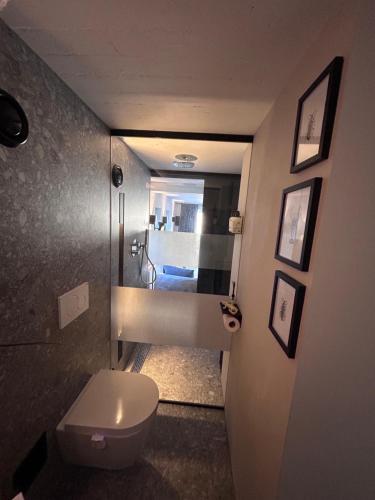 a bathroom with a white toilet and a mirror at La petite chambre in Bennekom