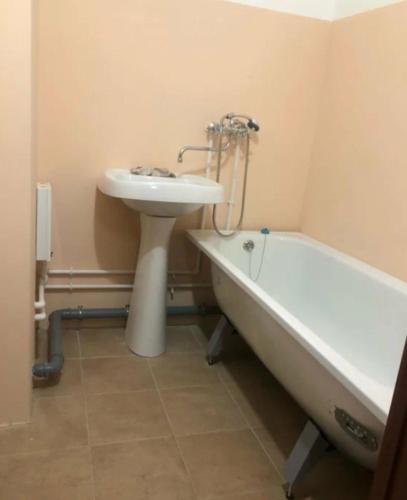 een badkamer met een wastafel en een bad naast een wastafel bij Apartment big home in La Ricamarie
