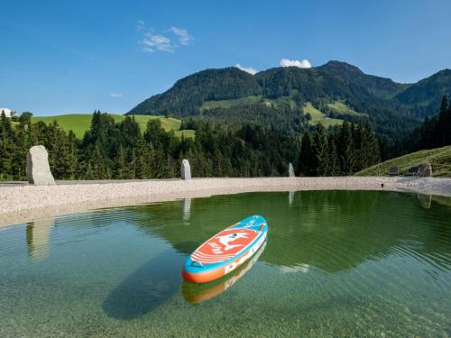 a small boat sitting in the water with mountains at Mountain Hide-Away in Altbach