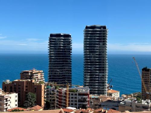 dois edifícios altos em uma cidade ao lado do oceano em Vue Mer à Proximité de Monaco em Beausoleil