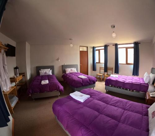 a room with three beds with purple blankets at TerraMistica Colca in Coporaque