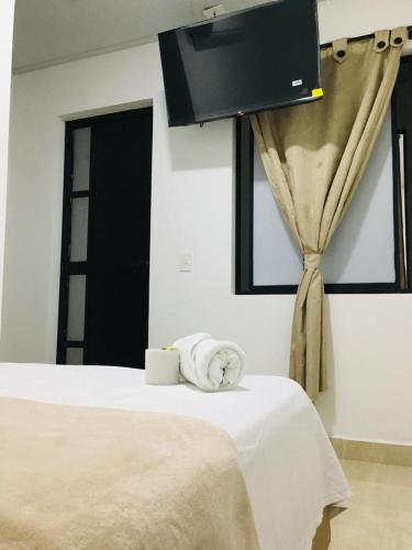 a bedroom with a bed with a flat screen tv on the wall at Daresff Imperial in Puerto Wilches