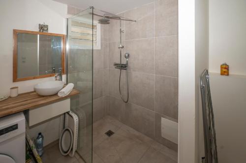a bathroom with a shower with a sink and a mirror at ILET TURQUOISE in Le Gosier