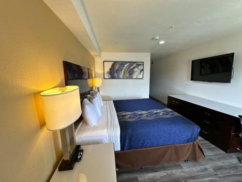 Habitación de hotel con cama y lámpara en Vista Inn, en Vista