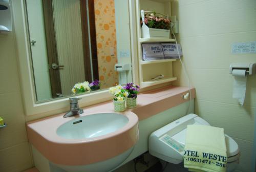 a bathroom with a sink and a toilet and a mirror at Gunsan Western Hotel in Gunsan-si