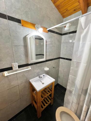 een badkamer met een wastafel, een toilet en een spiegel bij Hospedaje Arroyito in Jardín América
