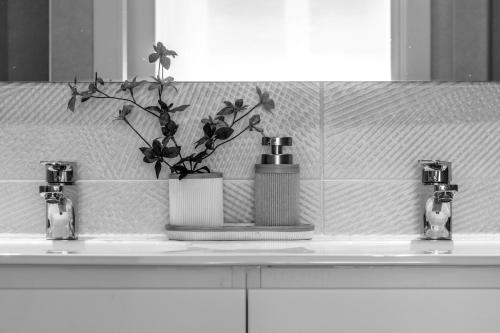 een wastafel met een vaas met een plant erop bij AkomodaT en nuevo y precioso en Algorta con parking in Getxo