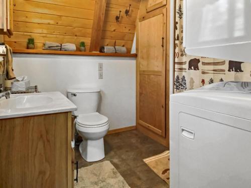 a bathroom with a white toilet and a sink at Fireside Cottage in Duck Creek Village