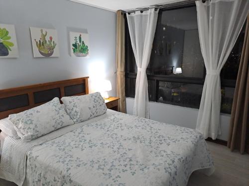 a bedroom with a bed and a window at precioso departamento muy bien ubicado in Santiago