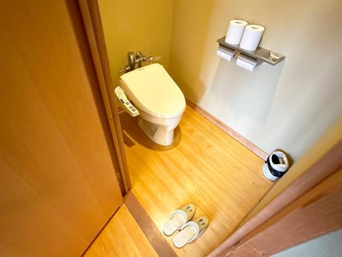 La salle de bains est pourvue de toilettes et d'une paire de chaussons. dans l'établissement Hotel Taiko, à Myōkō