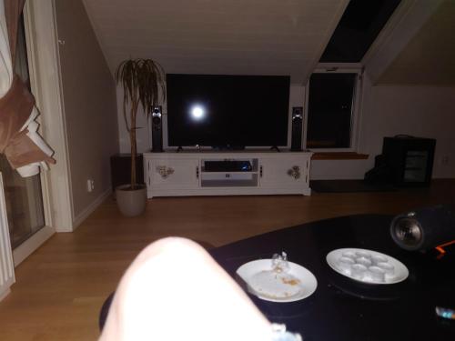 sala de estar con TV de pantalla plana y mesa en Molgans Boning, en Vadstena