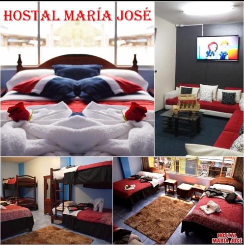 een collage van foto's van een hotelkamer met een bed bij Hostal Maria José in Baños