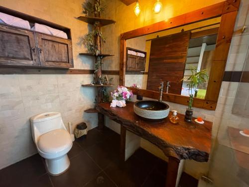 a bathroom with a toilet and a sink and a mirror at Natubri Ecohotel Habitacion VIP in San Francisco