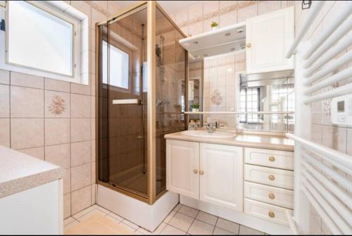 ein Bad mit einer Dusche und einem Waschbecken in der Unterkunft Teric in Le Pin