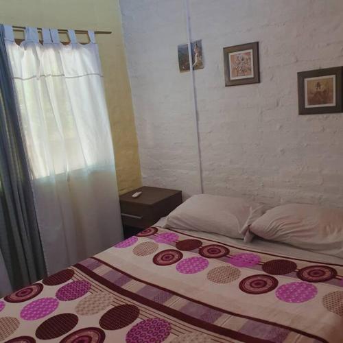 a bedroom with a bed with a polka dot blanket at Departamento 4ta sección Mendoza in La Cieneguita