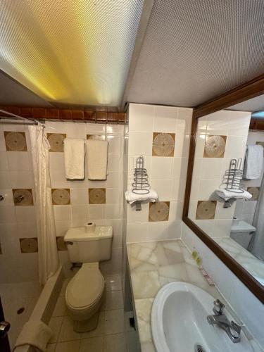 een badkamer met een toilet, een wastafel en een bad bij Hotel Presidente by NASS in Cuenca