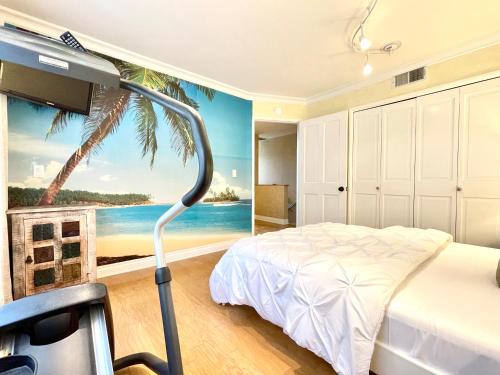 a bedroom with a bed and a palm tree mural at CASA LUX MONICA Prime Santa Monica Luxury Home ONE-OF-A-KIND in Los Angeles