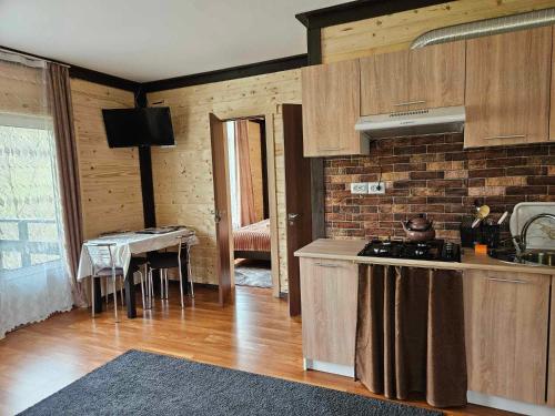 a kitchen with a counter and a table in a room at Симфонія біля річки Чан in Skole