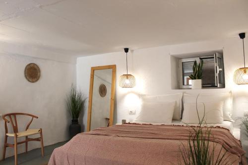 a bedroom with a bed and a chair and a mirror at Katoi traditional house in Éxo Khóra