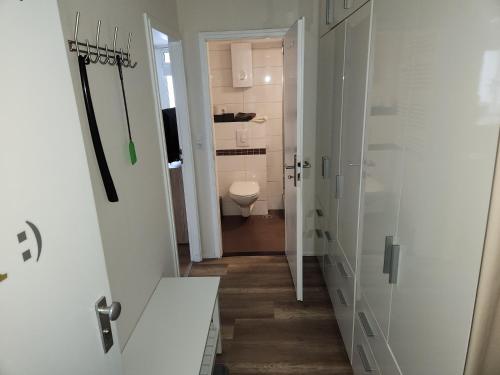 La petite salle de bains est pourvue de toilettes et d'un lavabo. dans l'établissement Traumblick, à Altenau