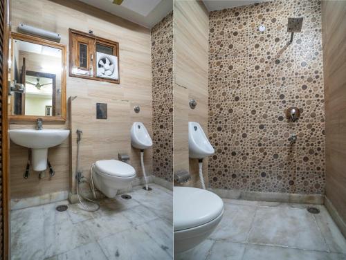 two pictures of a bathroom with a toilet and a sink at Hotel NK North Star " Foreign Guest Not Allowed " in New Delhi