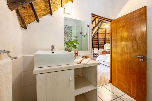 a bathroom with a sink and a mirror at Woodlands Guest House in Hazyview