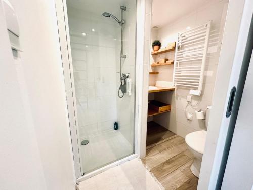 een badkamer met een douche en een toilet bij SLOW LIFE Cottage, paradise near Bordeaux in Camarsac