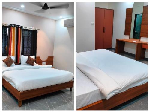 1 Schlafzimmer mit 2 Betten und einem Schreibtisch in der Unterkunft hotel heaven in Modāsa
