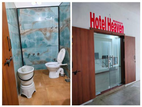 2 Bilder eines Badezimmers mit WC und Dusche in der Unterkunft hotel heaven in Modāsa