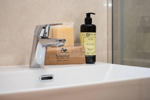 - un lavabo dans la salle de bains avec une bouteille de savon et un distributeur de savon dans l'établissement Juan Escalante By Silastur, à Oviedo