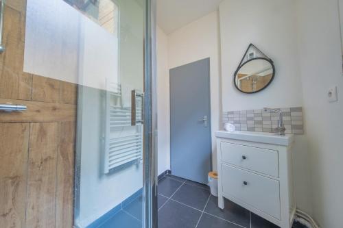 une salle de bain avec une douche, un lavabo et un miroir dans l'établissement Volcano, à Reims