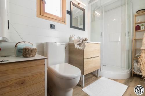ein weißes Bad mit einem WC und einer Dusche in der Unterkunft Gîte cabane insolite Pyrénées in Sauveterre