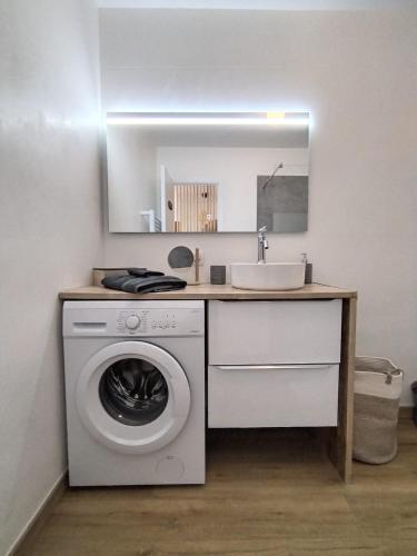een badkamer met een wasmachine en een wastafel bij STUDIO AVEC COIN NUIT in Roquebrune-Cap-Martin