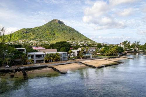 a view of a river with a mountain in the background at Tamarin Sunset Beach IV in Tamarin