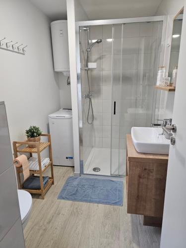 La salle de bains est pourvue d'une douche et d'un lavabo. dans l'établissement Premium mobile home SUN & JOY - Oaza Mira Camping, à Drage