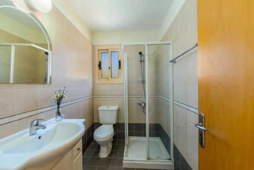 a bathroom with a shower and a toilet and a sink at Villa Corallia Dream 11 in Peyia