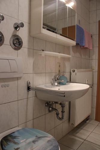 y baño con lavabo y espejo. en Ferienwohnung Werner, en Warmensteinach