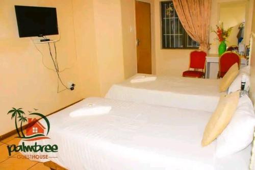 ein Hotelzimmer mit 2 Betten und einem TV in der Unterkunft Coates Valley Palm Tree Guesthouse in Manzini