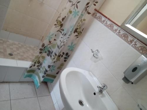 a bathroom with a sink and a shower curtain at River-Ridge Guest House in Gaborone