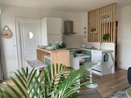 une cuisine avec des armoires blanches et une table avec une plante dans l'établissement Appartement Cosy, proche Paris, parking gratuit, à Pontoise