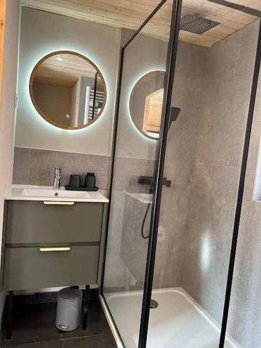 une salle de bain avec une douche, un lavabo et un miroir dans l'établissement Le Nid douillet proche de la mer. La clef des paons, à Luc-sur-Mer