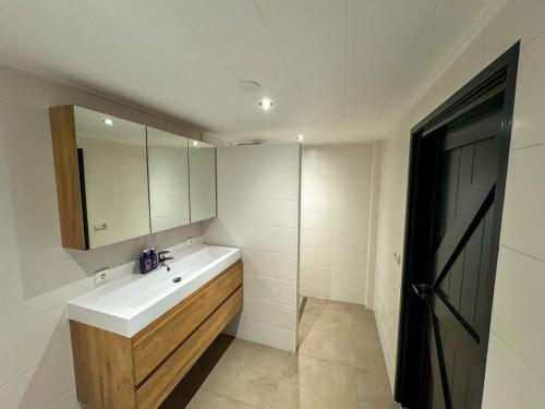 een badkamer met een witte wastafel en een spiegel bij De Lindehoeve Appelscha in Appelscha