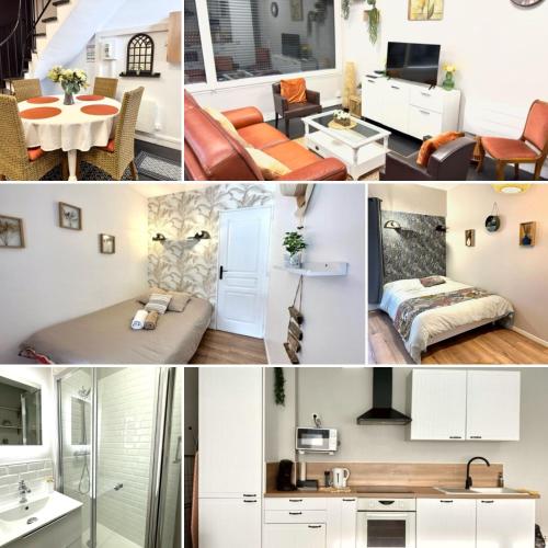 un collage de photos d'un petit appartement dans l'établissement Le clos notre Dame proche du bord de mer, au Havre
